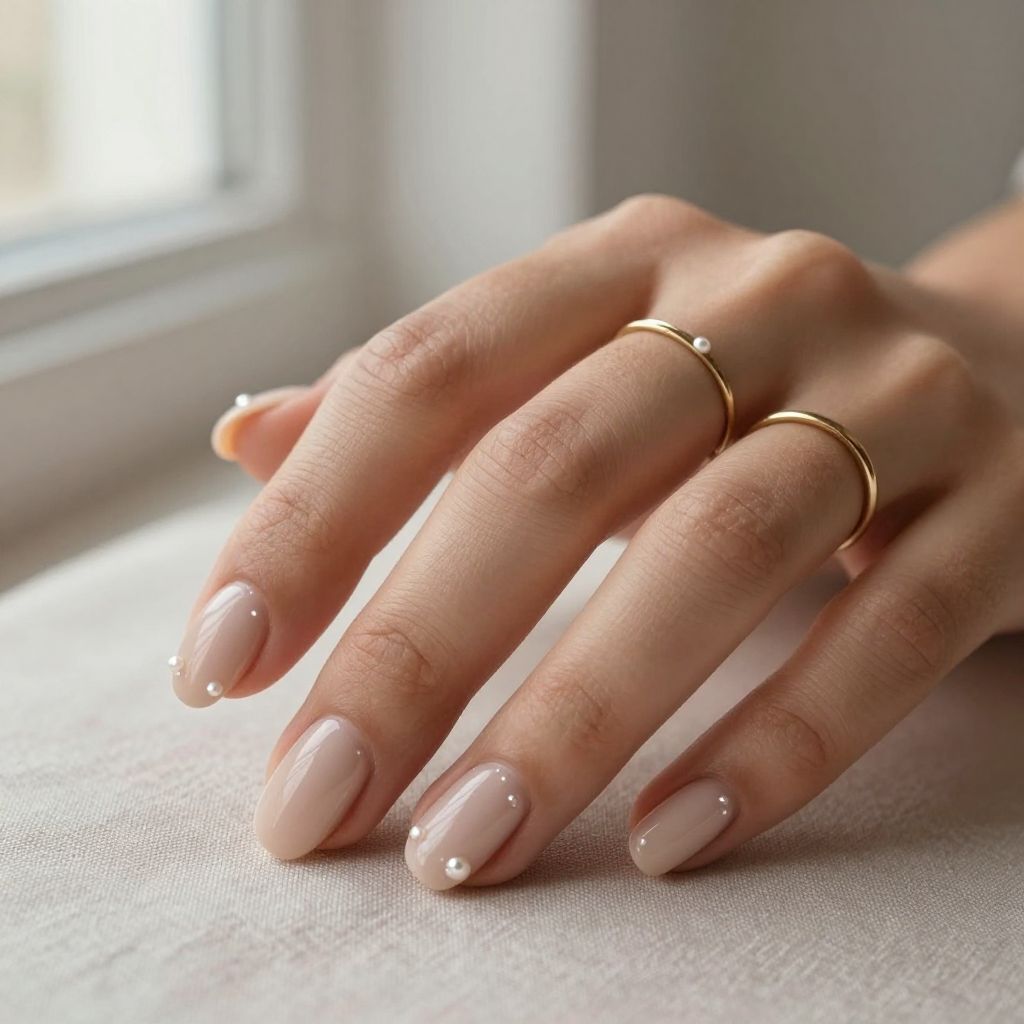 Nude Oval Nails with Tiny Pearls