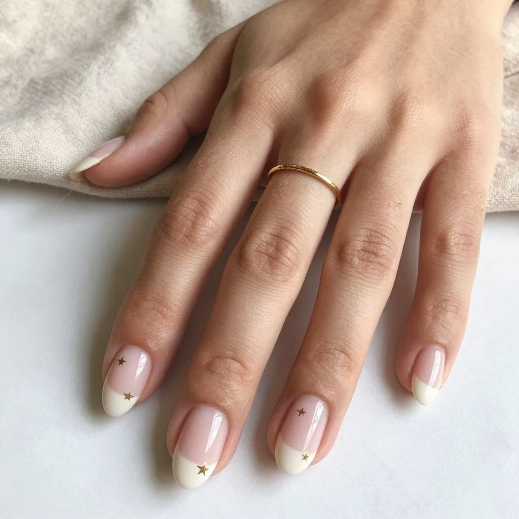 White Oval Nails with Minimal Gold Stars