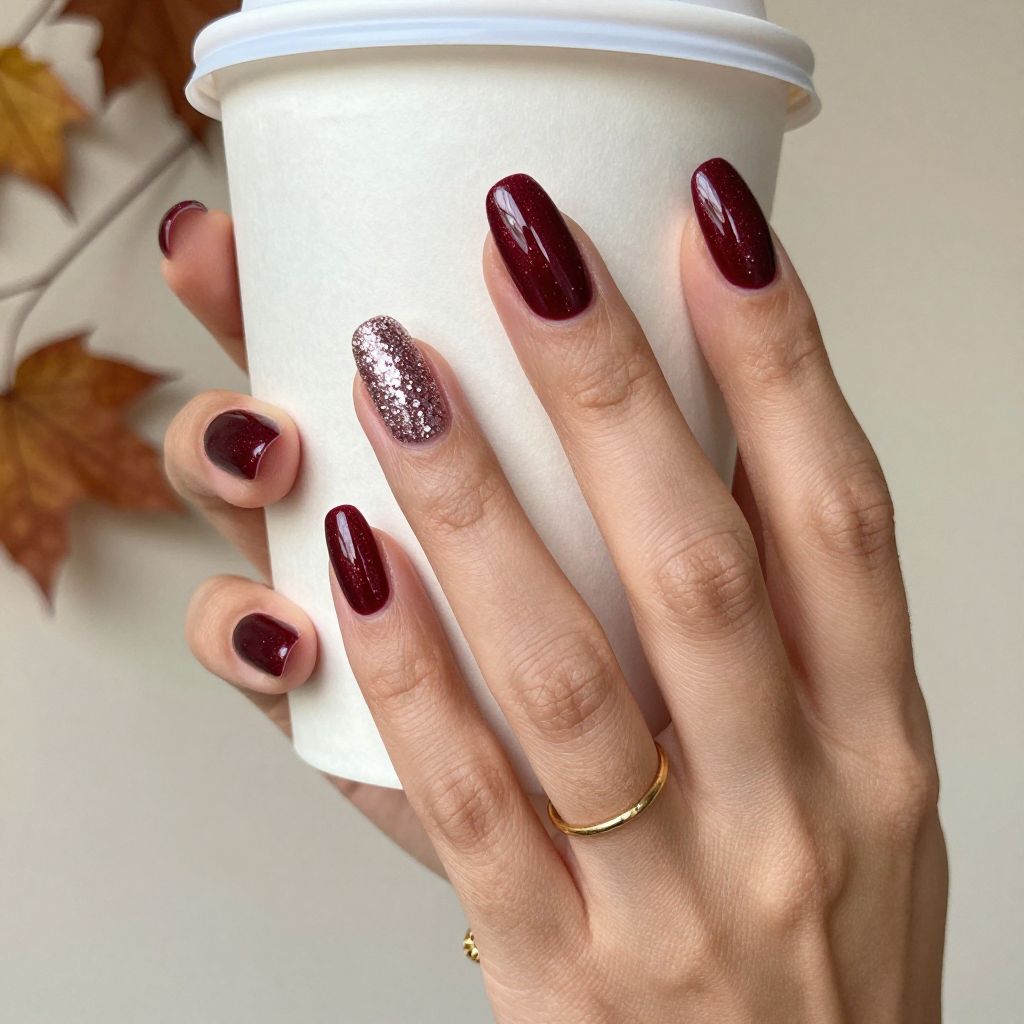 Burgundy Oval Nails with Subtle Glitter