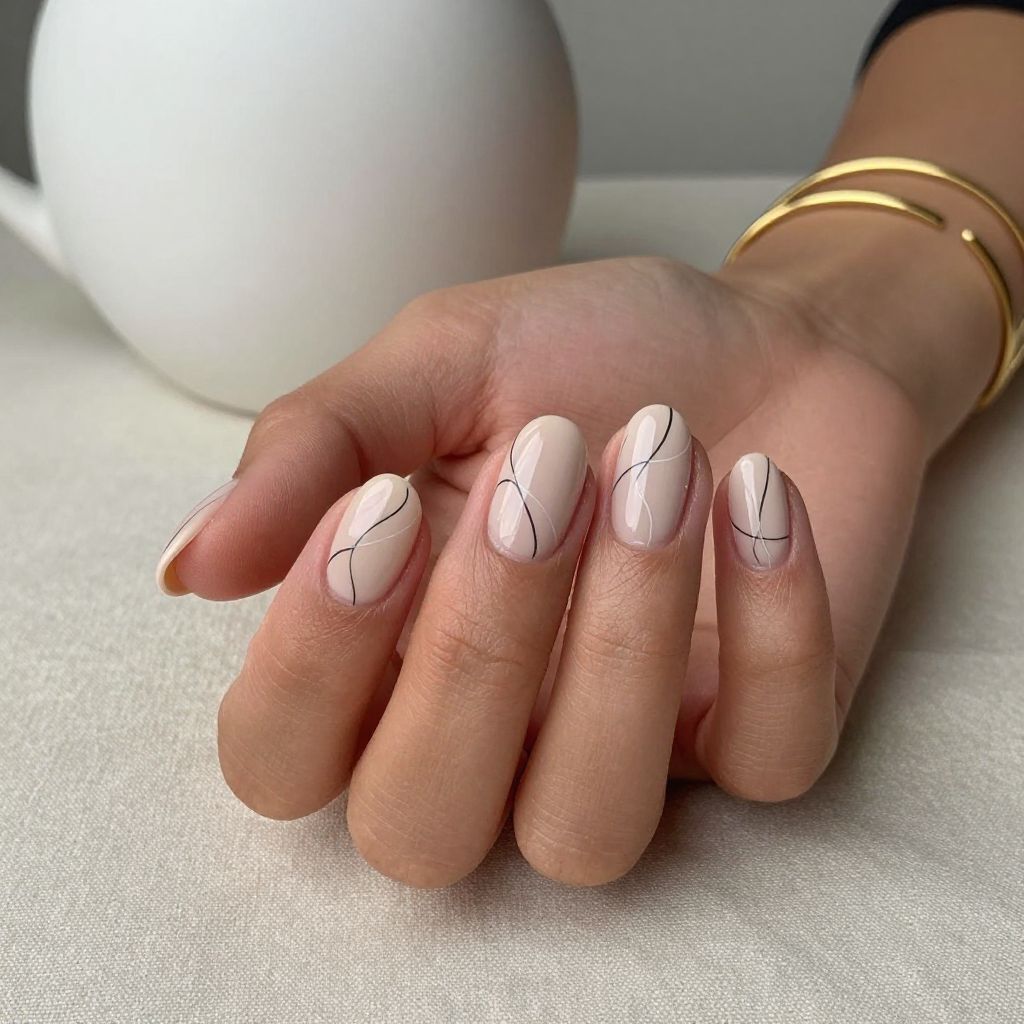 Neutral Oval Nails with Fine Line Art