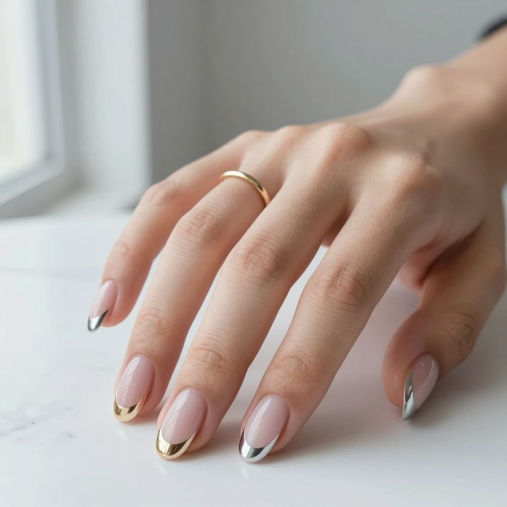 Oval Nails with Metallic Chrome Tips