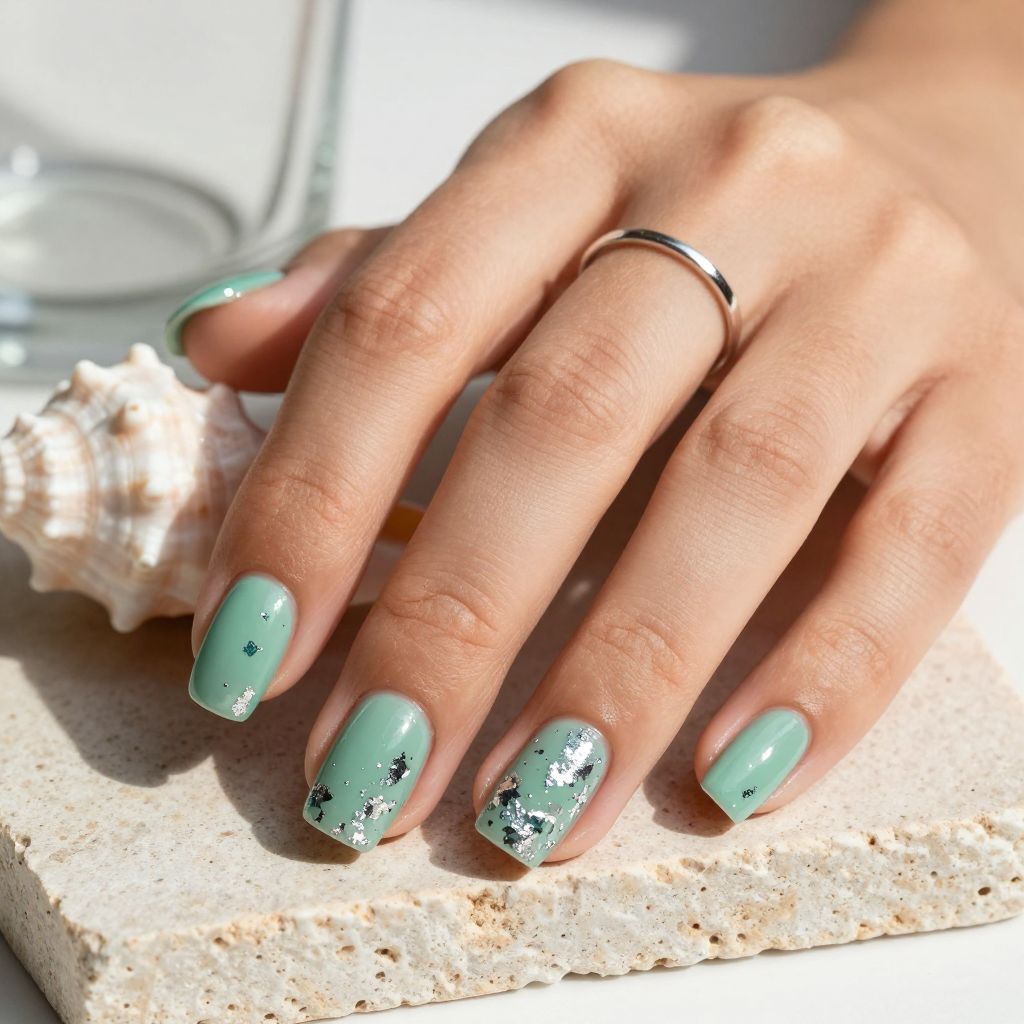 Seafoam foil fleck pastel nails