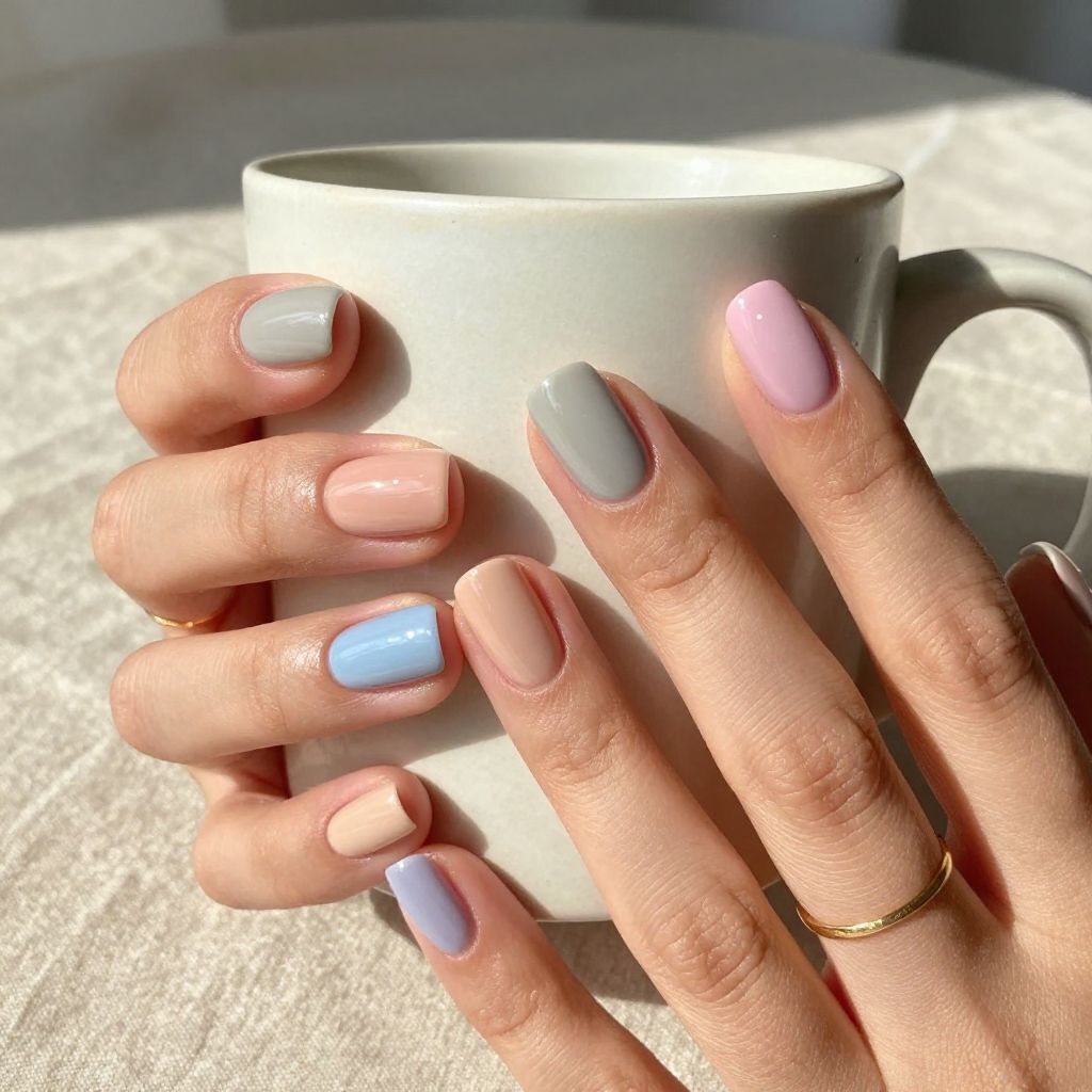 Sandcastle neutral pastel mix nails