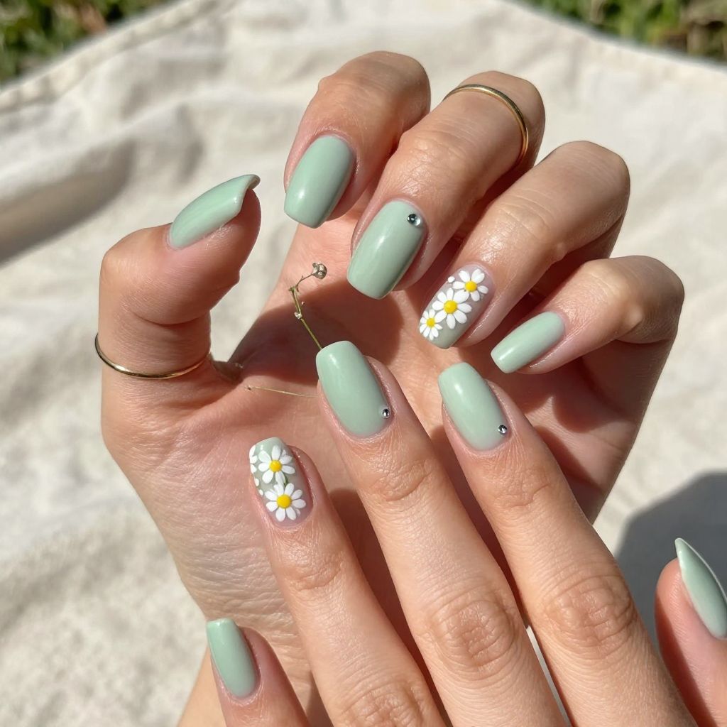 Pistachio micro floral pastel nails