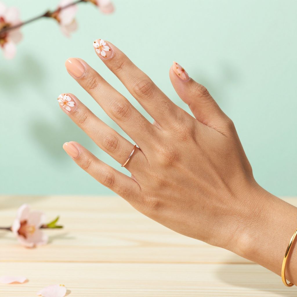 Peach Floral Detail Nails