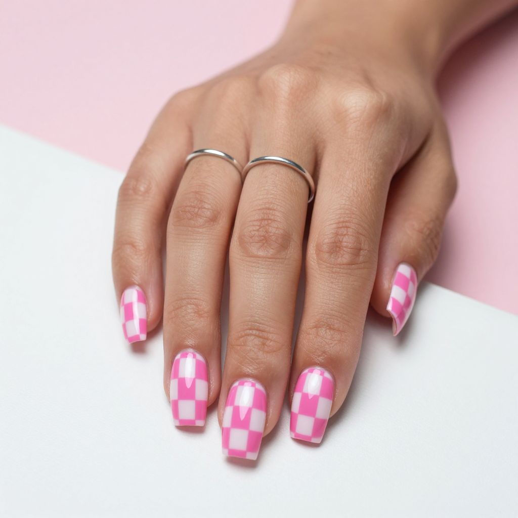 Pink checkerboard acrylic nails