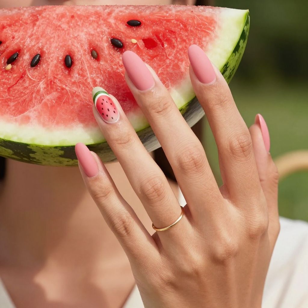 Watermelon pink acrylic nail art