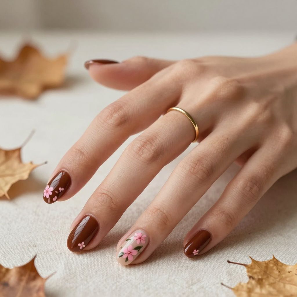 Deep Brown Nails With Pink Micro Flowers