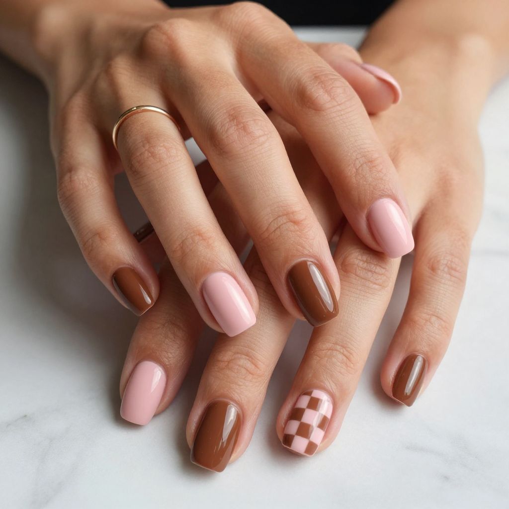 Pink And Brown Checker Accent Nails