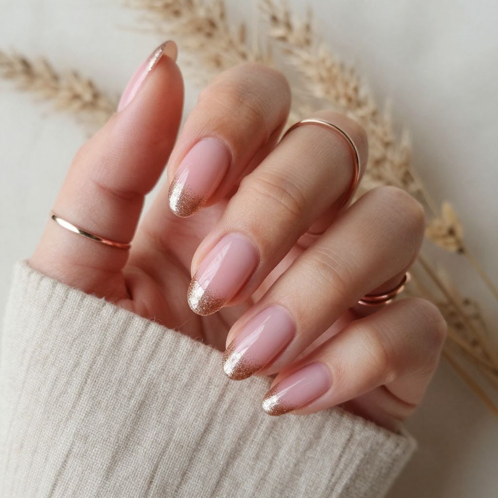 Sheer Pink Nails With Brown Glitter Fade