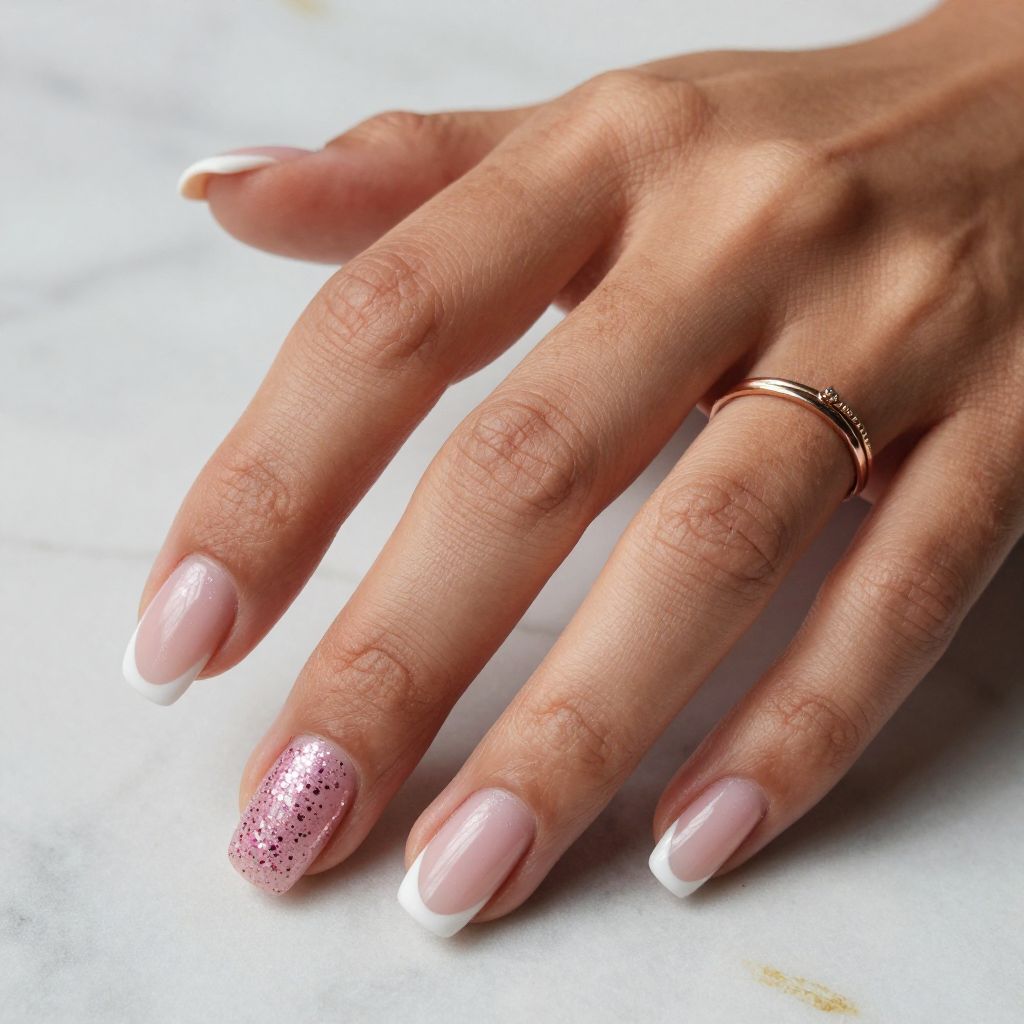 Pink Glitter Accent Nails With White Tips
