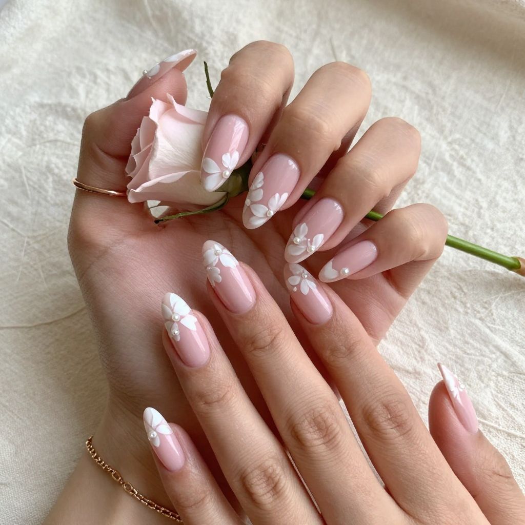 Ballet Pink Nails With White Satin Florals