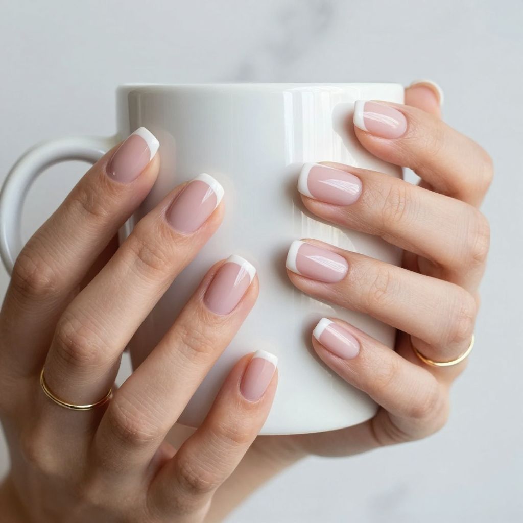 Nude Pink Nails With White Tipped Micro French