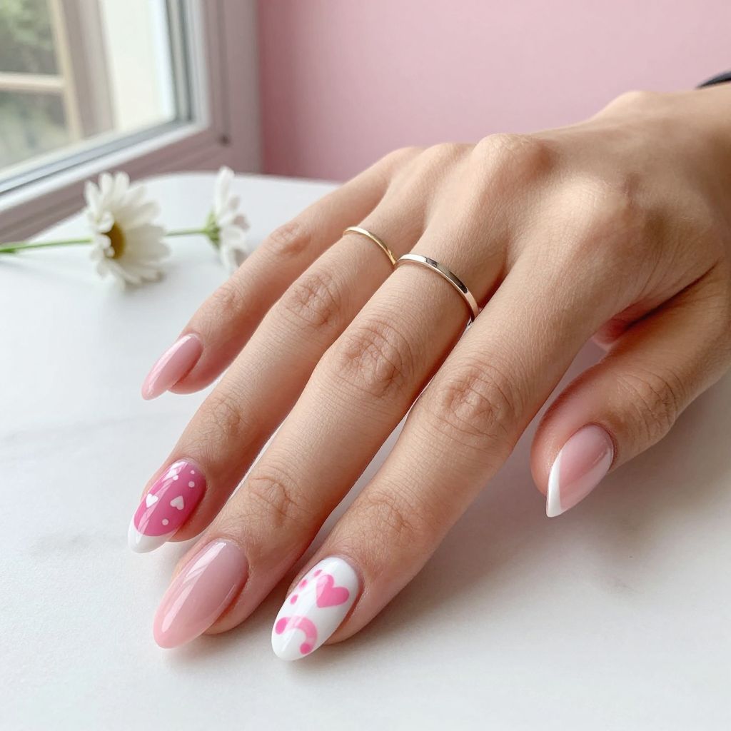 Pink And White Mixed Pattern Manicure