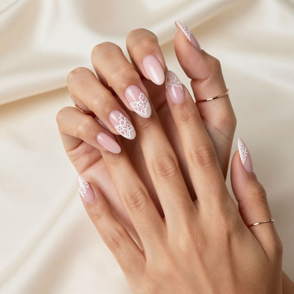 Sheer Pink Nails With White Lace Detail