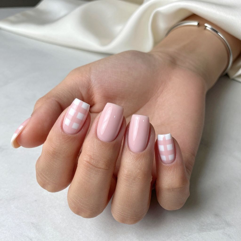 Pink And White Checker Accent Nails