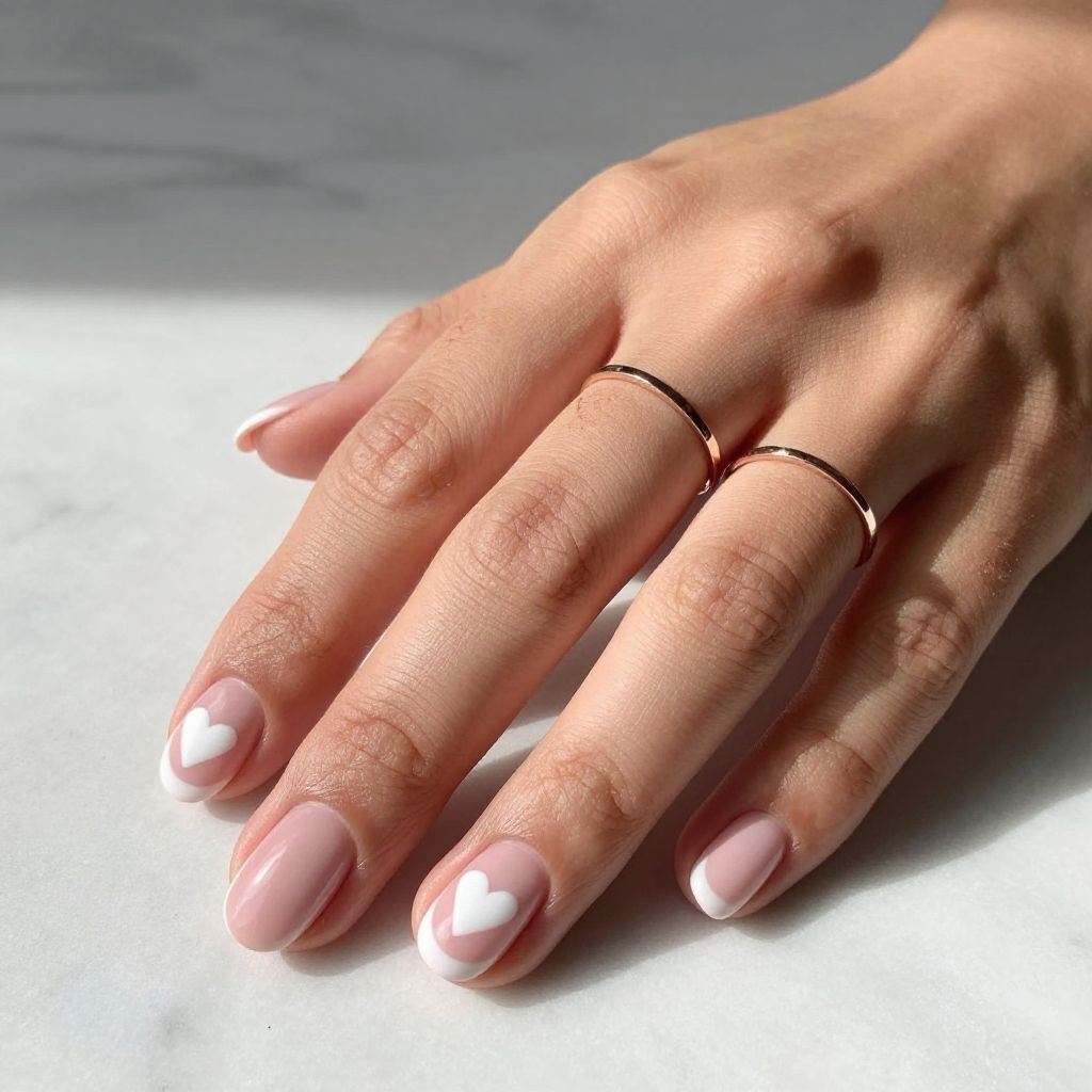 Soft Pink Matte Nails With White Hearts