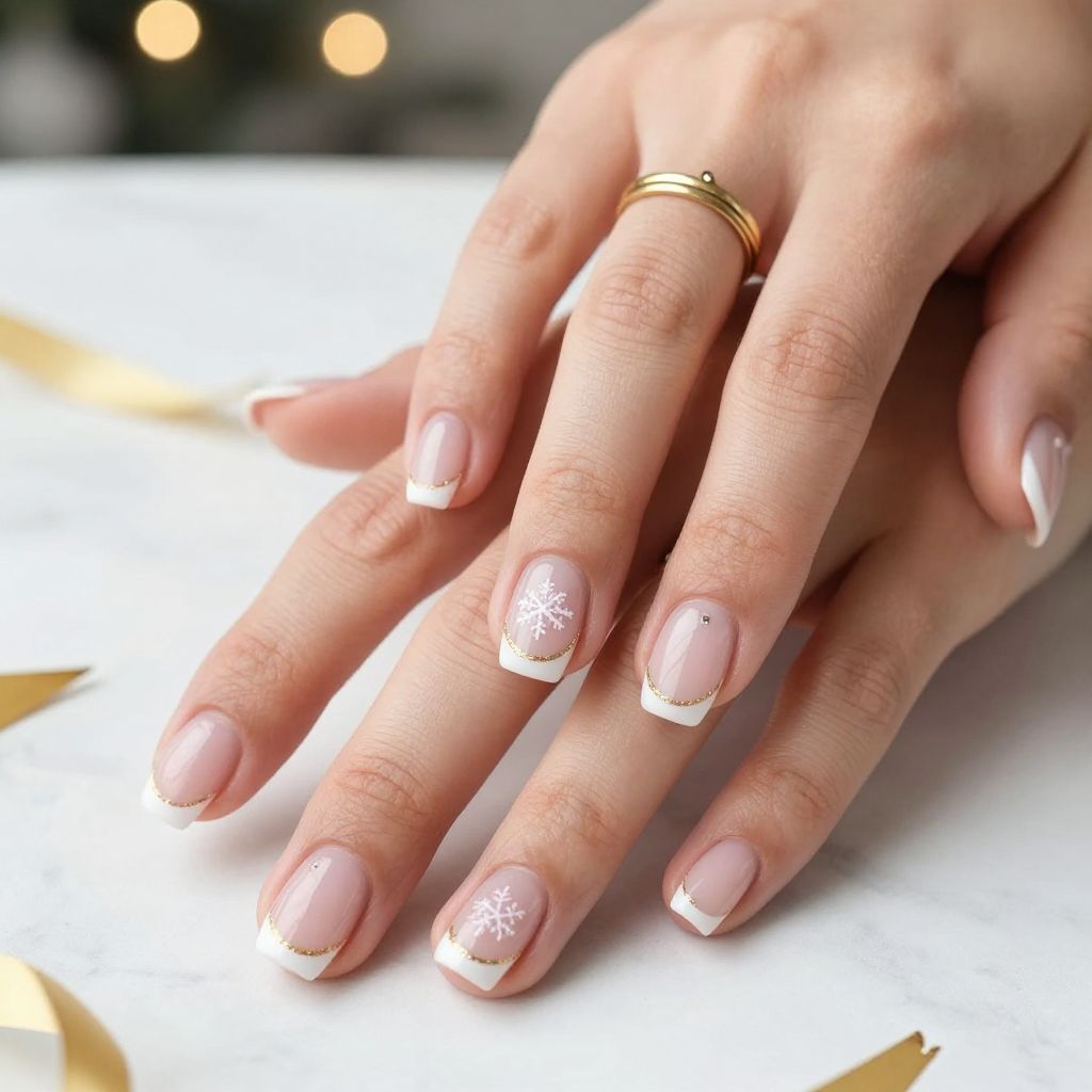 Pale Pink French Tips with Gold Sparkle
