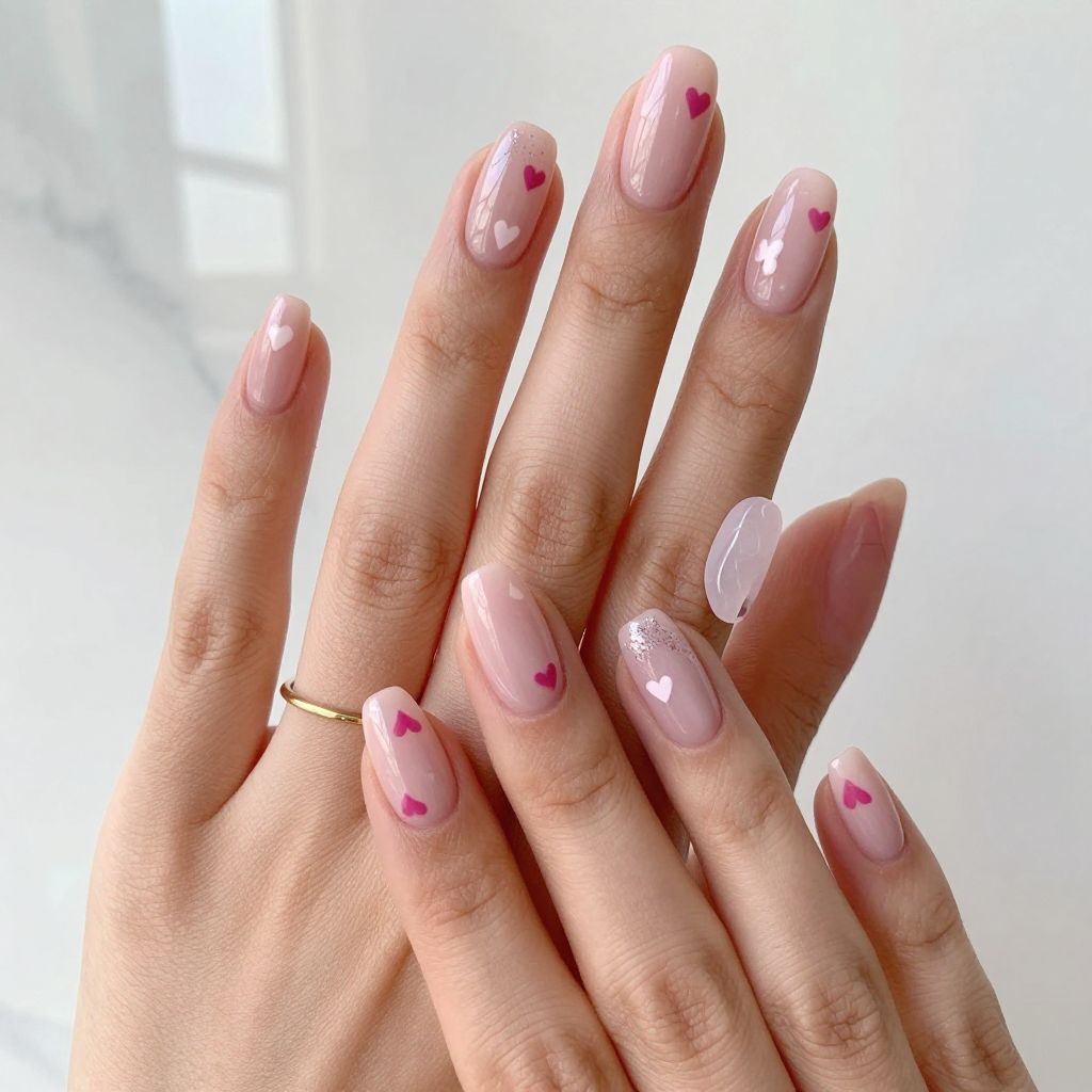 Pastel Pink Coffin Nails With Tiny Hearts