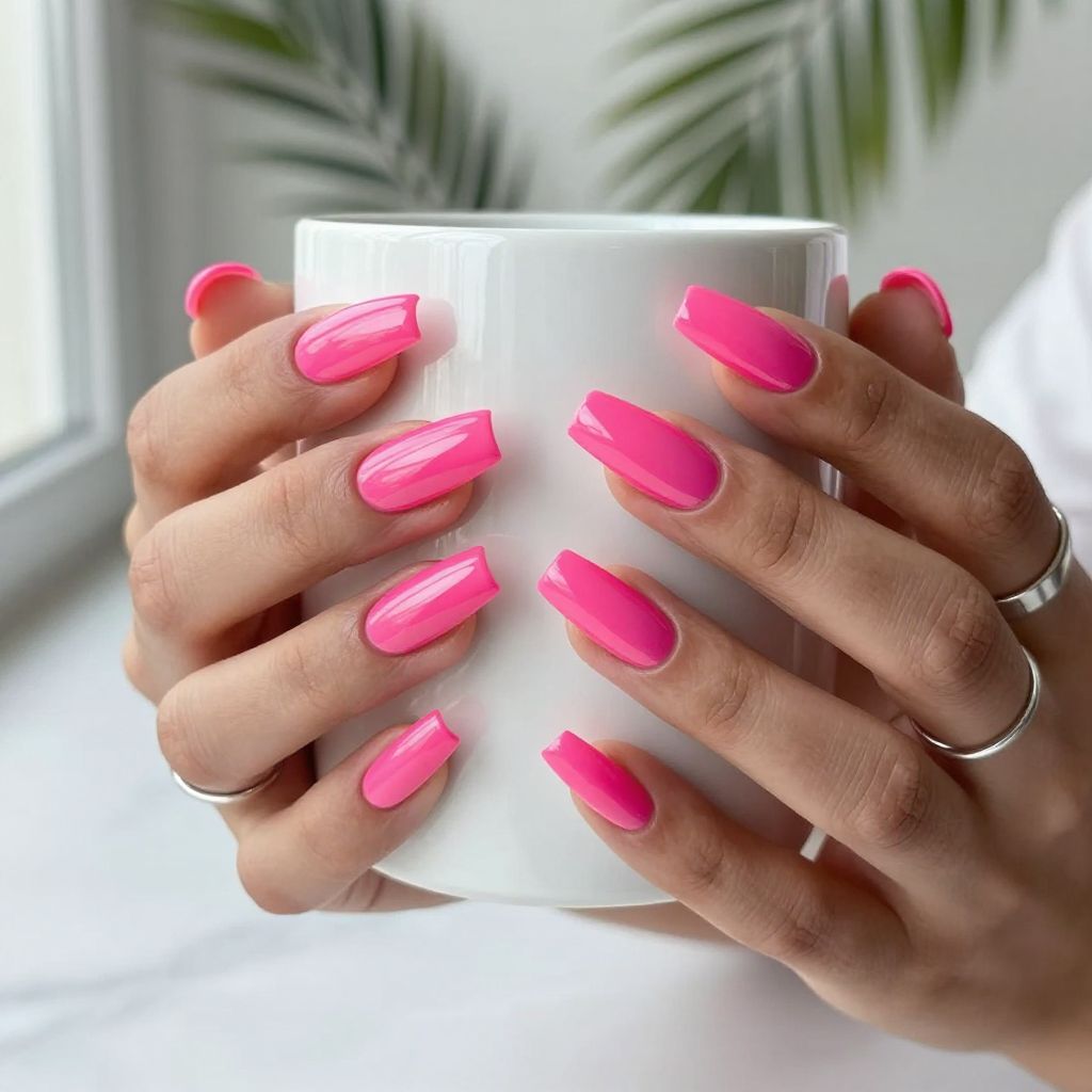 Neon Pink Coffin Nails With Clear Negative Space