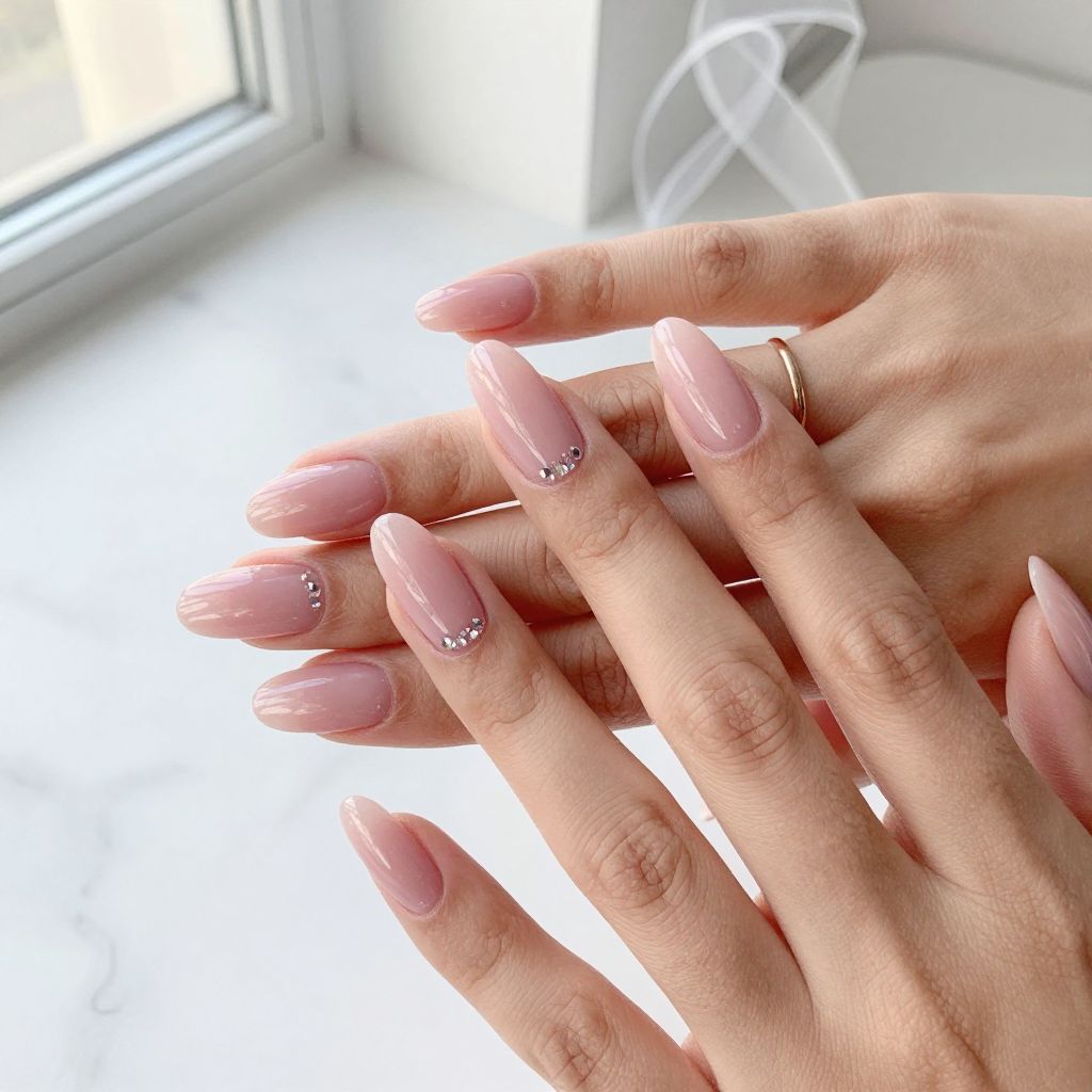 Pink Coffin Nails With Crystal Cuticle Accents