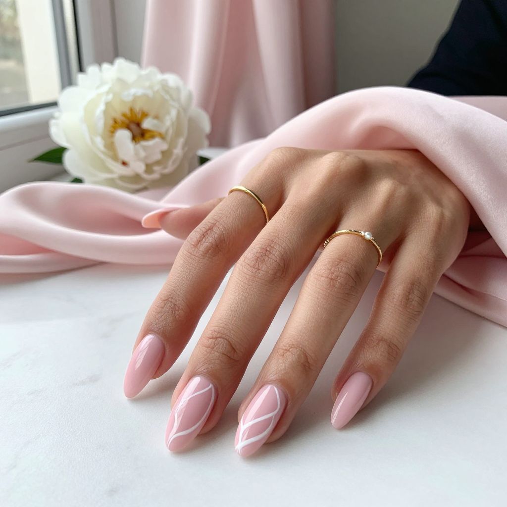 Baby Pink Coffin Nails With White Swirls