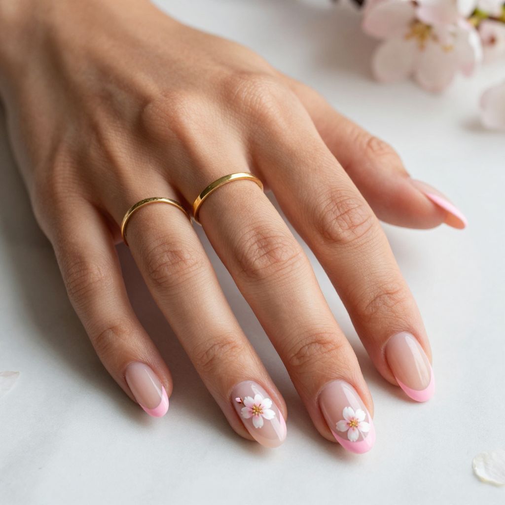 Pink French Tips with Floral Detail