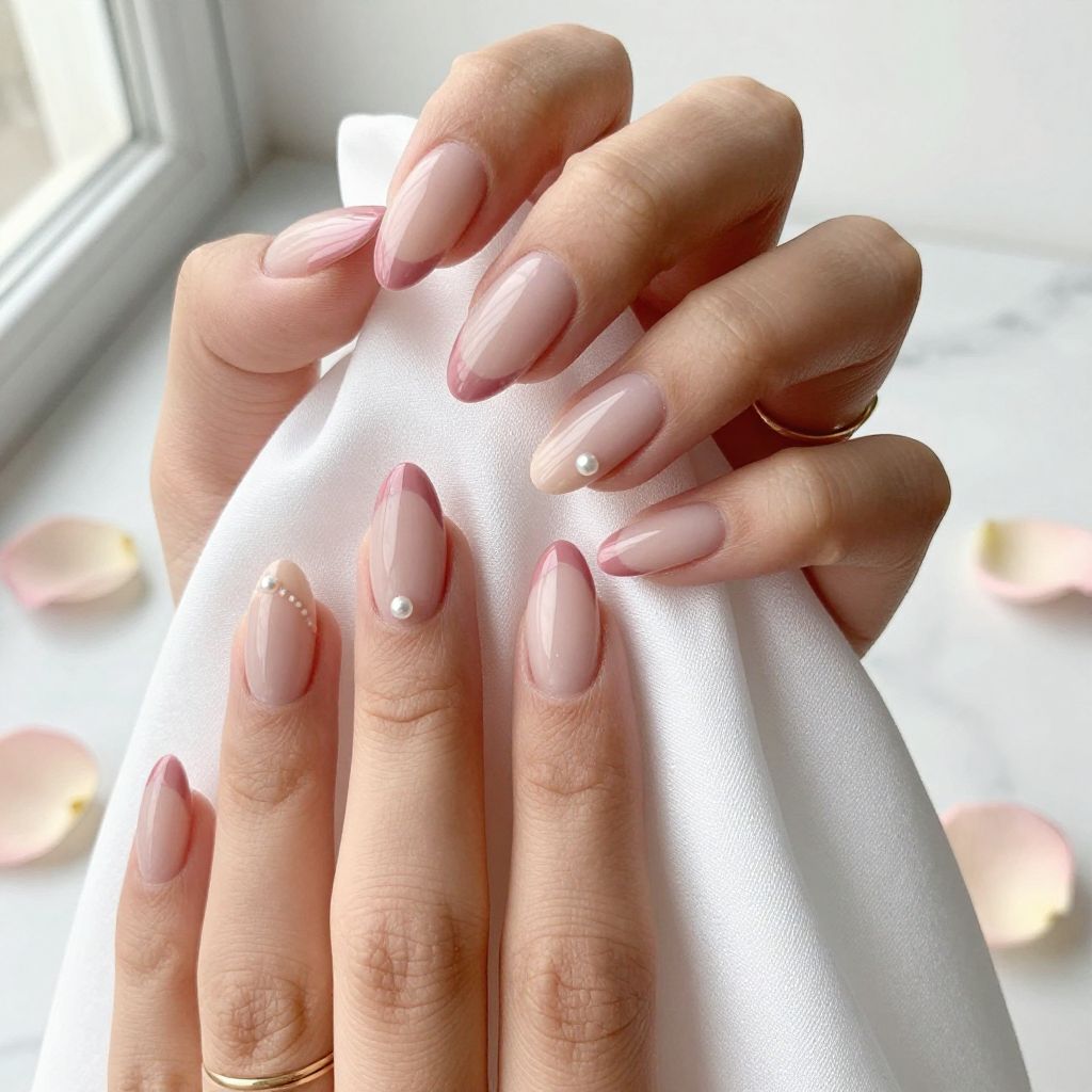 Rose Pink French Tips with Pearl Accent