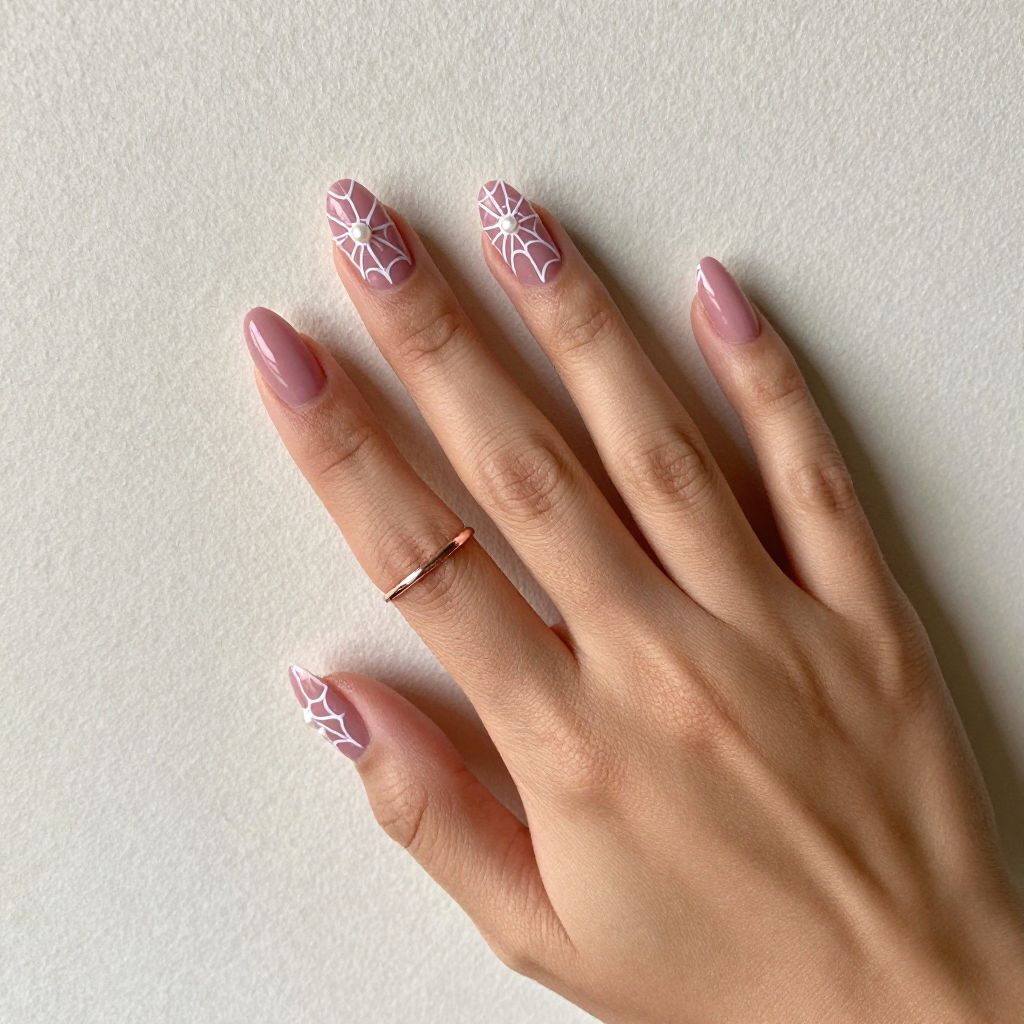 Dusky Pink Cobweb Matte Nails