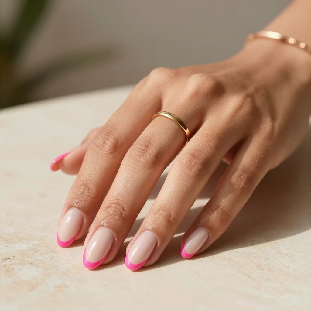 Hot Pink French Almond Nails