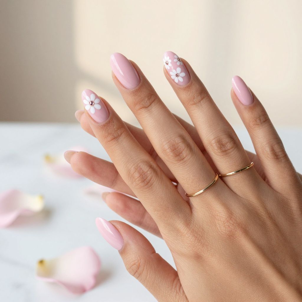 Pink Floral Accent Nails