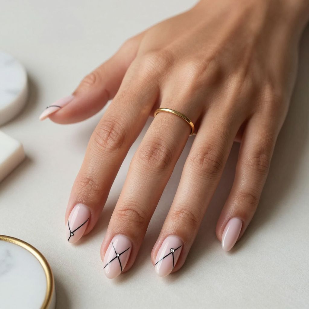 Pale Pink Nails with Fine Line Nail Art