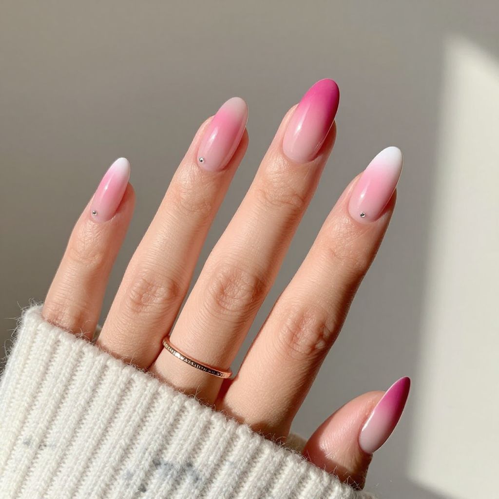 Pink Ombre with White Tips Gradient Nails