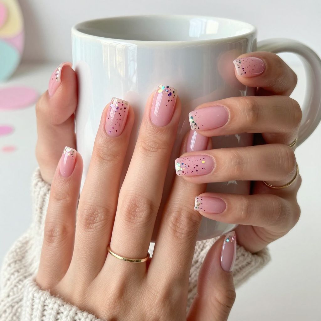 Bubblegum Pink Nails with Rainbow Glitter