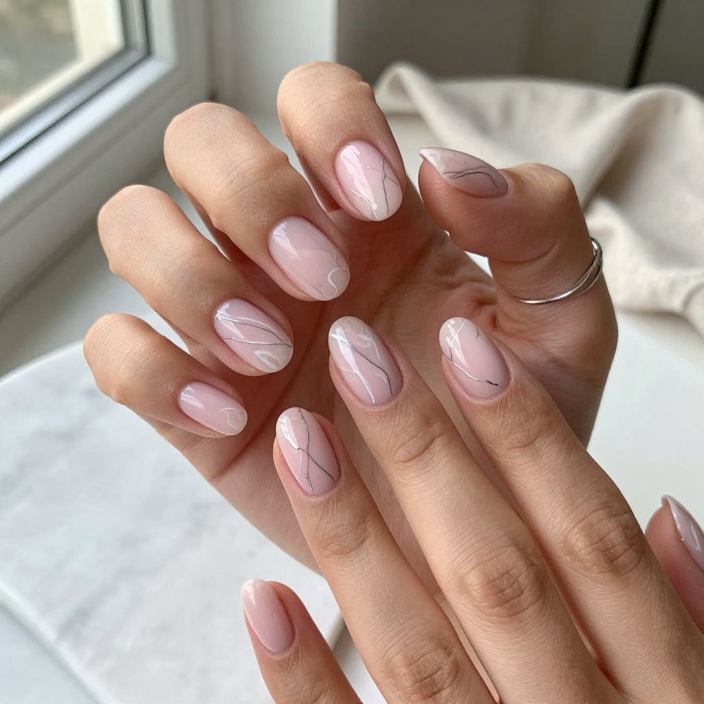 Pastel Pink and White Marble Nails