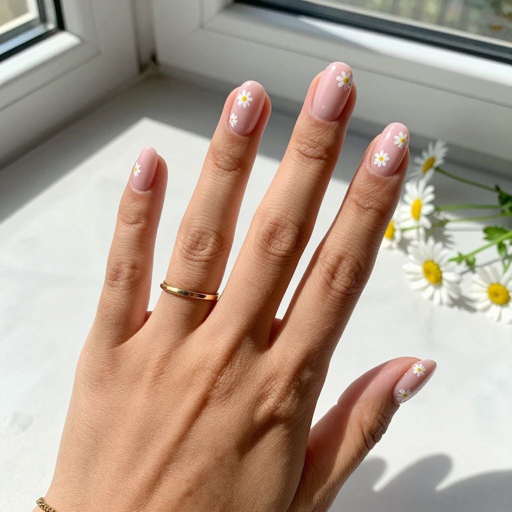 Pink and White Daisy Nails