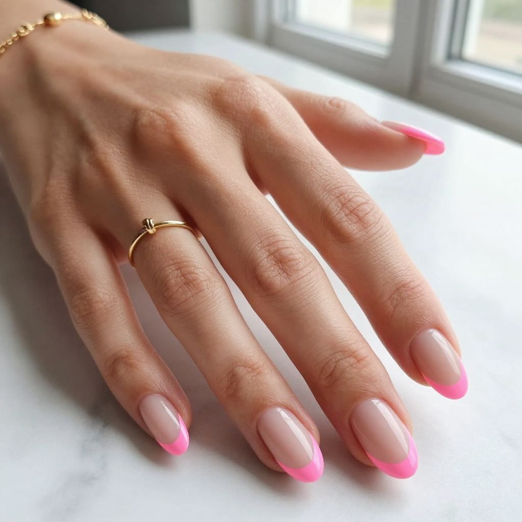 Neon Pink Tipped Almond Nails
