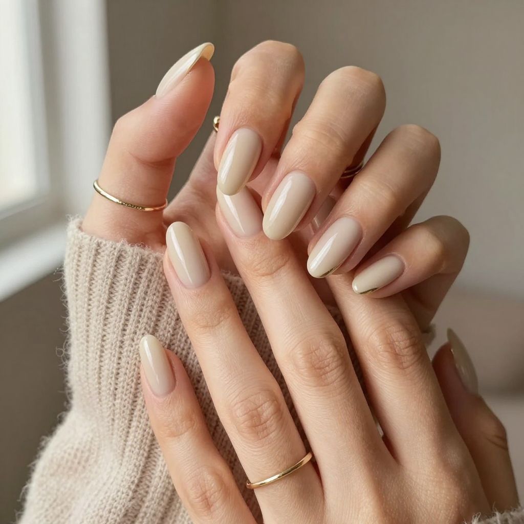 Glossy nude almond plain nails