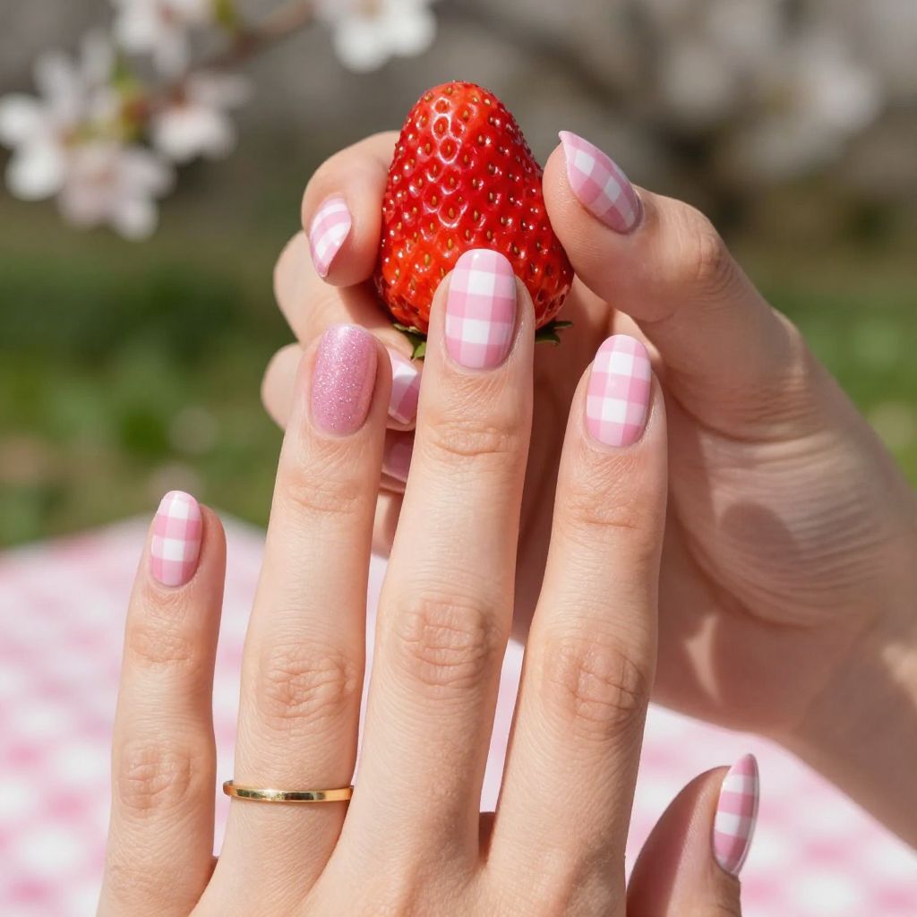 Gingham Picnic Pink preppy nail design