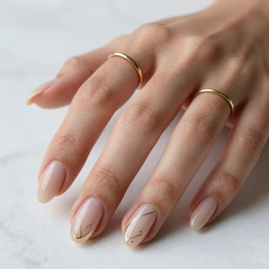 Soft Nude Nails With Gold Line Art