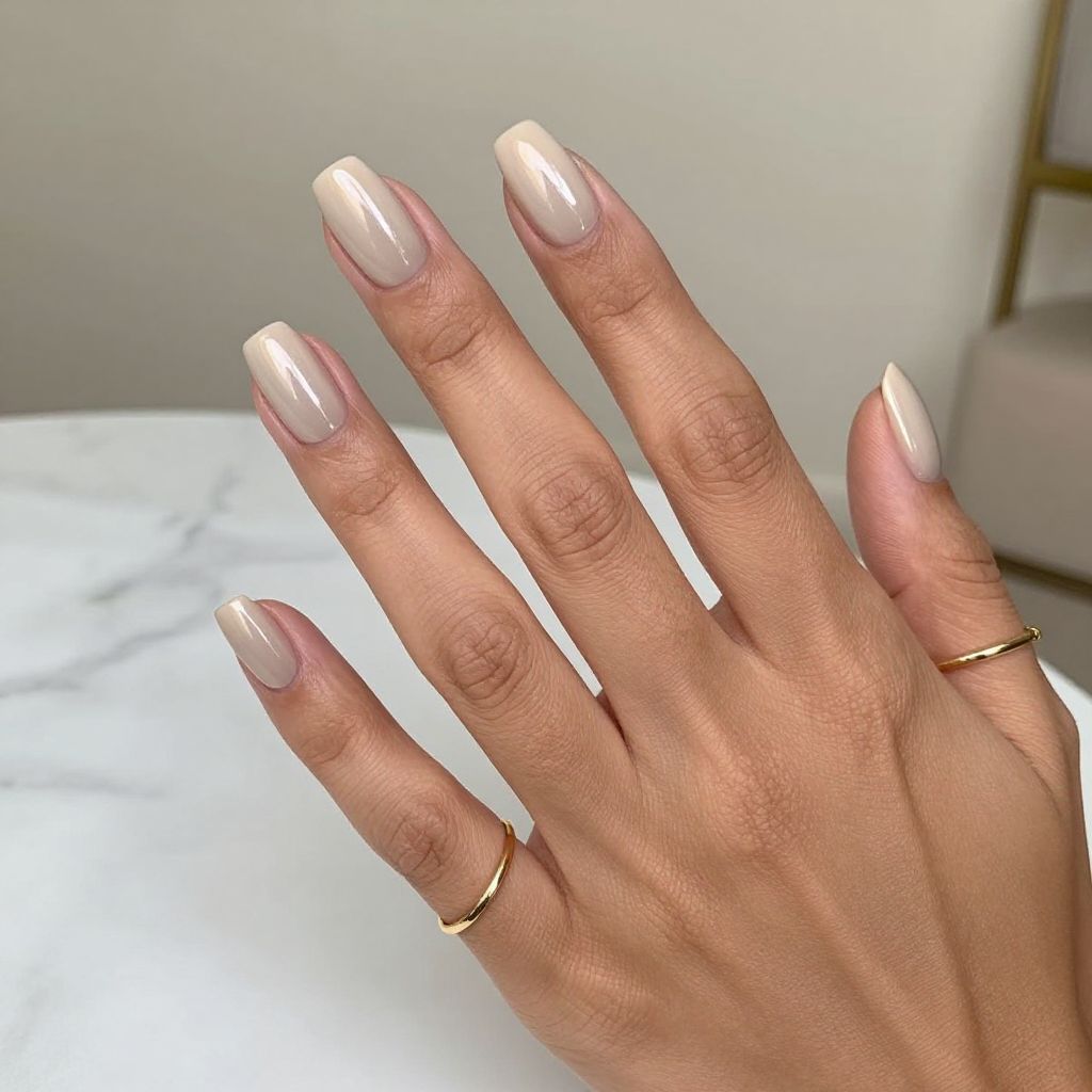 Beige Chrome Short Coffin Nails