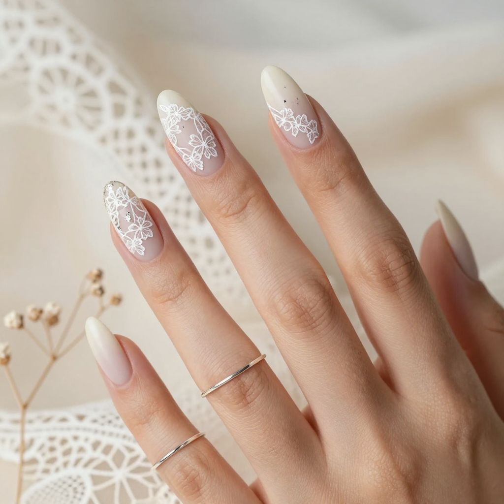 White lace stamping prom nails