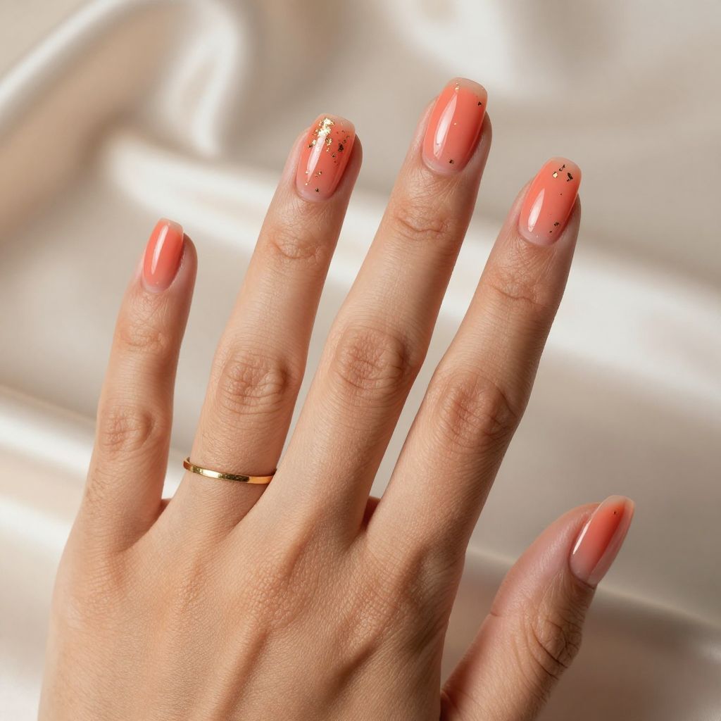 Coral jelly gold flakes prom nails