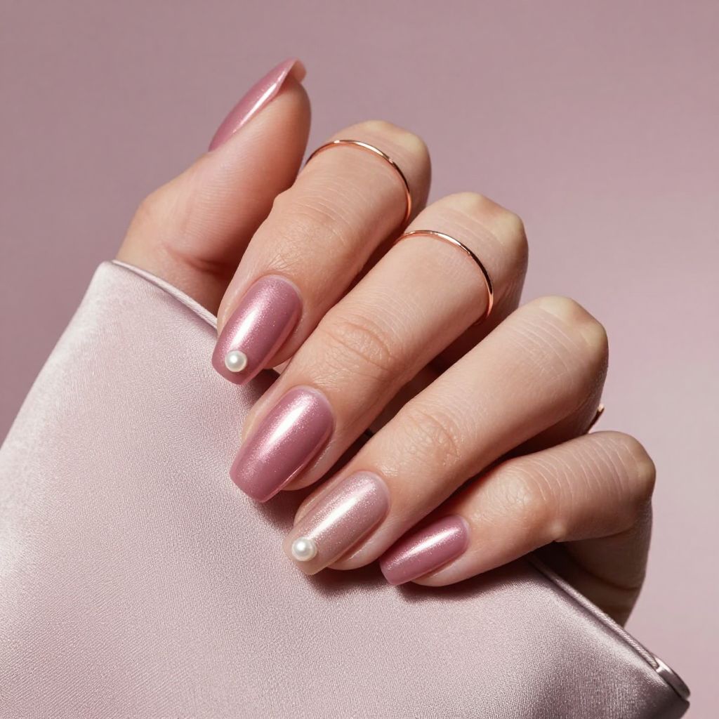 Blush chrome prom nails