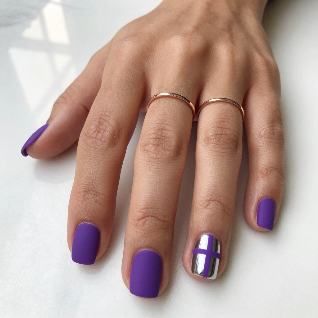 Matte Purple with Chrome Silver Accent Nail