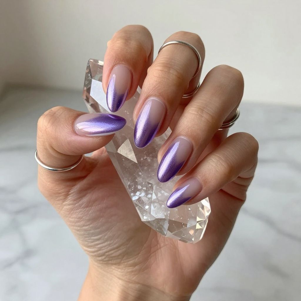 Metallic violet half moon nails