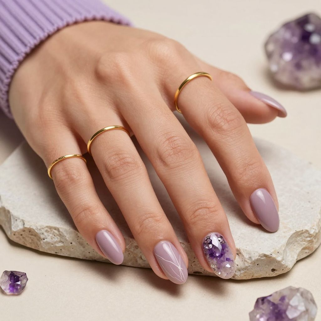 Amethyst stone accent purple nails