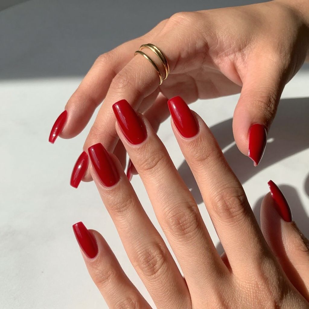 Classic Glossy Red Coffin Nails