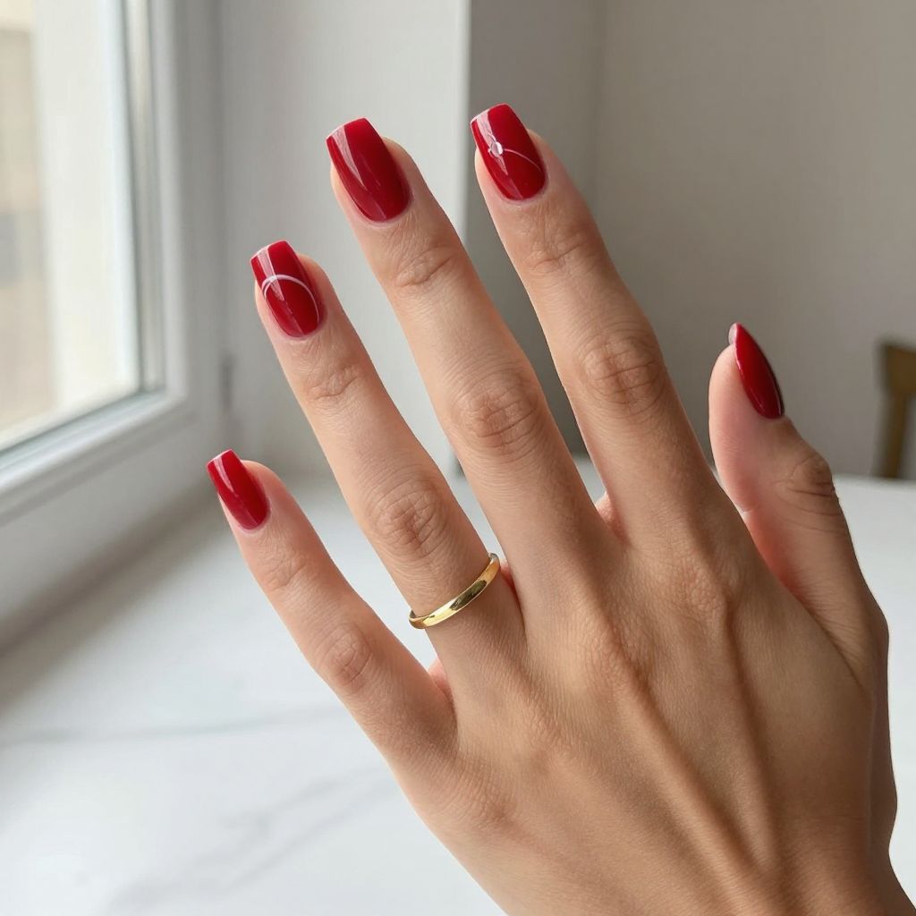 Red Acrylic Nails with White Line Art