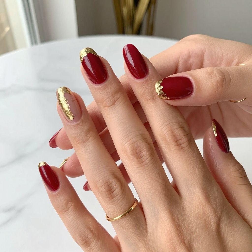 Red And Gold Nail Ideas - Classic Crimson With Gold Foil Tips